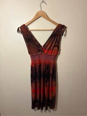 Bohemian V-Neck Red Orange Paisley Summer Dress